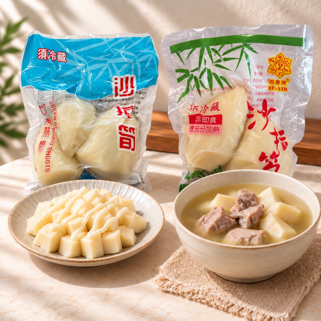 真空包裝的台南關廟綠竹筍與如意牌綠竹筍，前方是一盤涼拌竹筍與一碗竹筍排骨湯